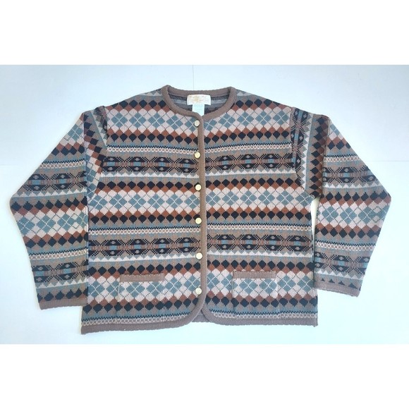 Ladies Tally-Ho Diamond Pattern Fall Colors Button Down Sweater W/Pockets Size L - Picture 1 of 8